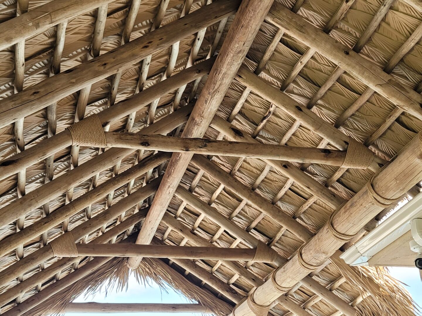 The ceiling of a house with a thatched roof.