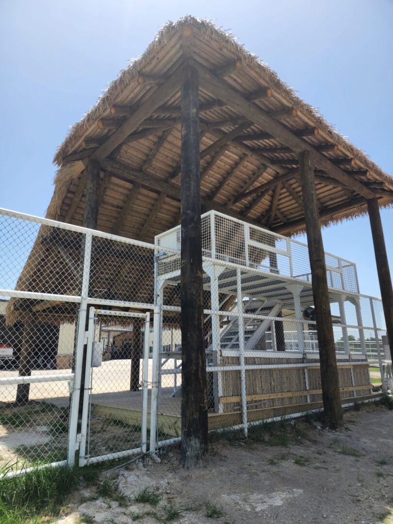 A fenced in area with a thatched roof.