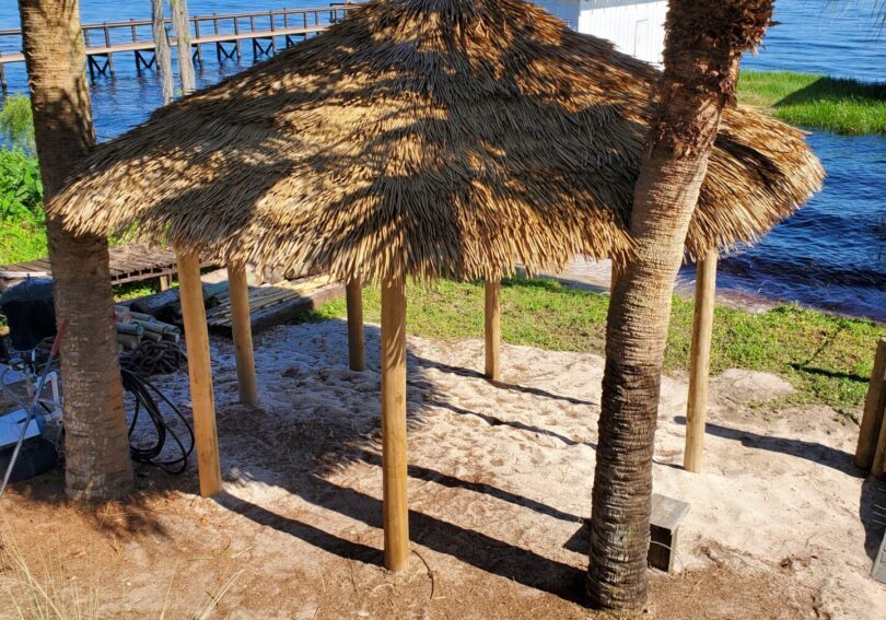 A tiki hut near palm trees and the beach